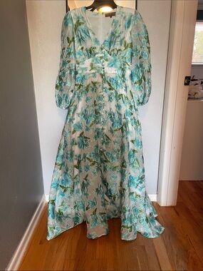 Aqua Floral V-Neck Maxi Dress with Puff Sleeves